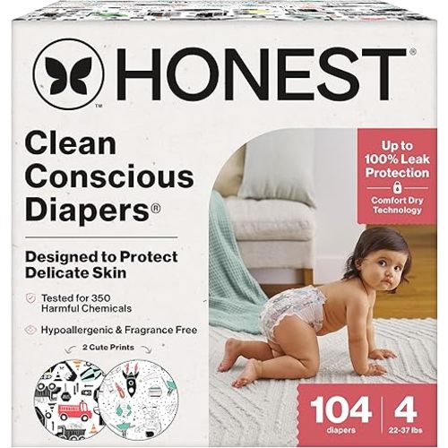 The Honest Company Comfort Dry Disposable Diapers for Sensitive Skin, Hypoallergenic, Space Travel + Big Trucks, Super Club Box Size 4 (22–37 lbs) 104 Count