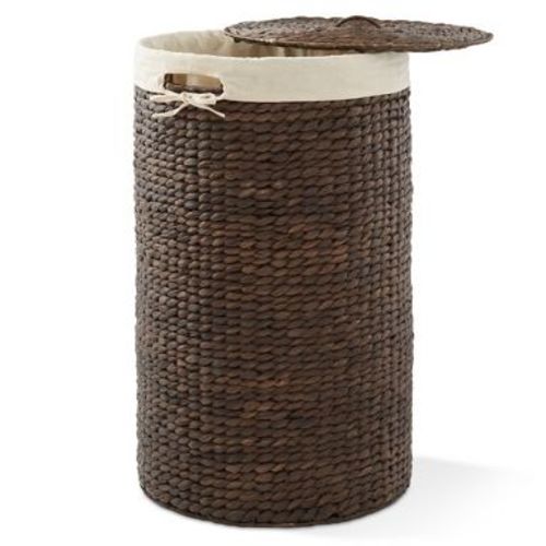 Casafield Round Laundry Hamper with Lid and Removable Liner Bag - Espresso Dark Brown, Woven Water Hyacinth Laundry Basket for Clothes