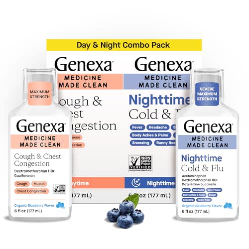 Genexa Daytime Cough & Congestion + Nighttime Severe Cold & Flu Combo Pack, Dye Free, 0% Artificial Additives, Liquid Multi-Symptom Cough, Cold, & Flu, Organic Blueberry Flavor, 12 fl oz (2 Pack)