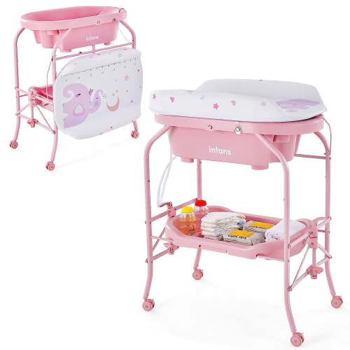 INFANS 2 in 1 Portable Baby Changing Table with Bath Tub, Diaper Station with Storage, Waterproof Pad, Nursery Organizer