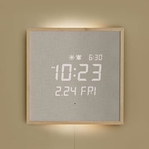 mooas Wooden Frame LED Silent Wall Clock with Remote, Backlit Nightlight, Modern Digital LED Wall Clock Display Sunrise Alarm Melody 5 Brightness for Bedroom Living Room (Wooden Frame Light Brown)