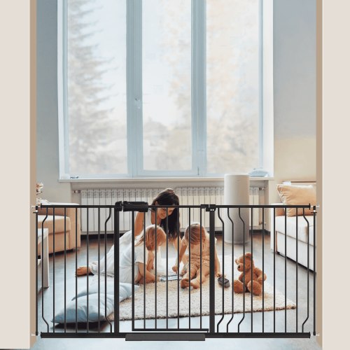 FURDEAR 56.9-65.9" Extra Wide Baby Safety Gate Walk Thru Black Metal Gate