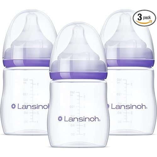 Lansinoh Anti-Colic Baby Bottles for Breastfeeding Babies, 5 Ounces, 3 Count, Includes 3 Slow Flow Nipples, Size S