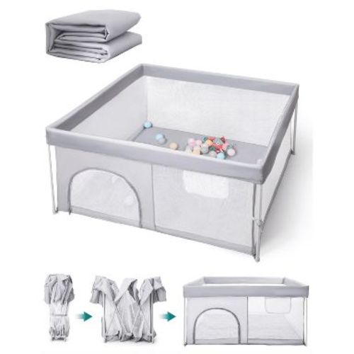 Babelio Baby Playpen | Hassle-Free 2-Step Folding, Safe and Sturdy for Indoor & Outdoor Use Gray 46" × 46" × 26"
