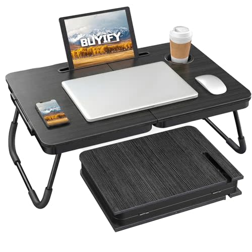 BUYIFY 23.4" Foldable Lap Desk Bed Table with Cup Holder Tray Black | Portable Folds Flat for Easy Storage, No Assembly Laptop Bed Desk, Sturdy and Lightweight, Patent Design