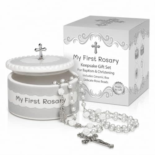 My First Rosary and Keepsake Box, Baptism Gift, White | Baptism Gift for Girls and Boys, First Communion, Christening, Porcelain box, Catholic Gift Box