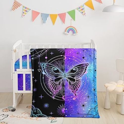 Crib Bedding Set, 3pcs Nursery Set with Comforter, Crib Sheet & Crib Skirt, Black Purple Blue Butterfly Printed Bedding for Baby Boys and Girls