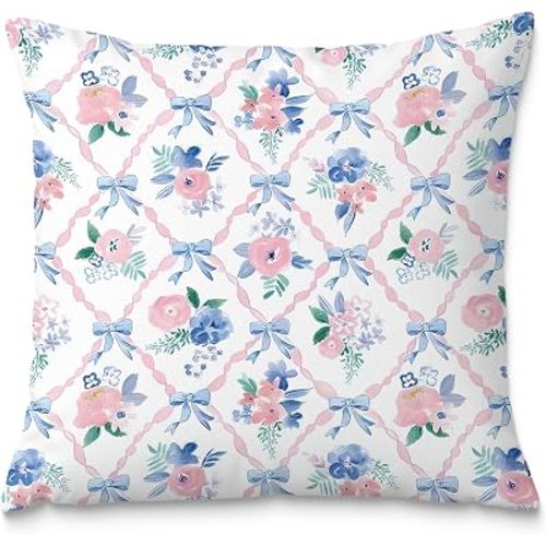Coquette Bow Pillow Covers 18x18, Coquette Room Decor, Preppy Pink and Blue Floral Pillow Covers, Preppy Room Decor, Girly Bedroom Decor, Coquette Stuff, Bow Room Decor