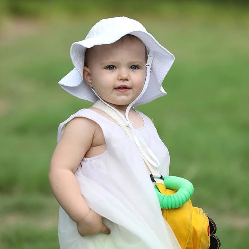 Baby & Toddler Wide Brim Sun Hats UPF 50+ Sun Protection Bucket Cap Cute adjustable Hat in seersucker - 0-6 Months - White Stripe Seersucker