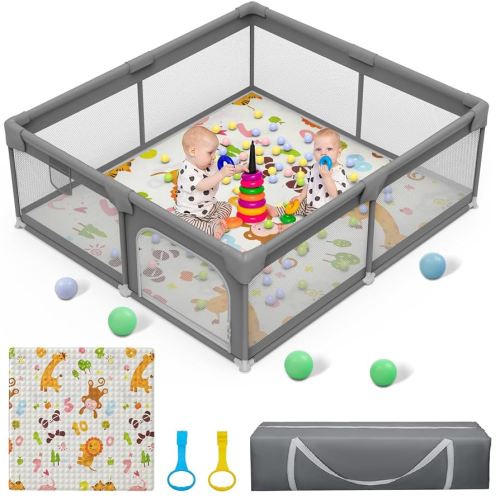 Palopalo Baby Playpen with Mat, 51''x51'' Extra Large Playard for Babies and Toddlers, Baby Activity Center with 8 Suction Cup Bases, Soft Breathable Mesh Infants Play Pen