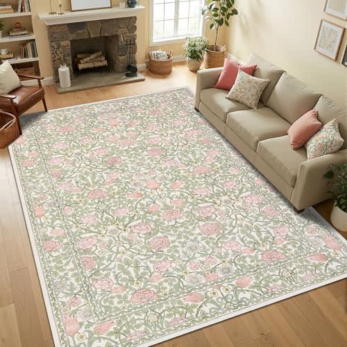 GarveeHome Pink Green Beige Floral Washable Rug 5x7 for Bedroom Living Room | Girls Dorm Nursery Office Rug Vintage Boho Rugs Low-Pile Non-Slip Stain Resistant TPE Backing