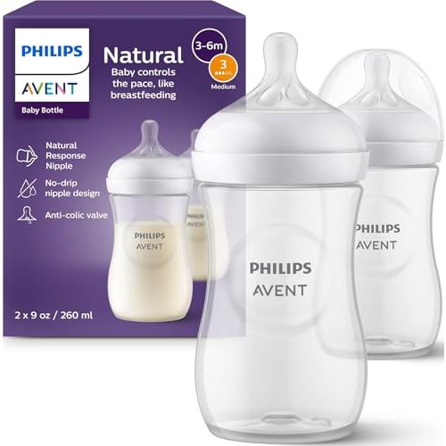 Philips Avent Natural Baby Bottles, Medium Flow, 9 oz, BPA-Free, 2-Pack | Baby-Controlled Flow, No-Drip Design, Reduces Colic and Gas with Anti-Colic Valve, SCY903/02