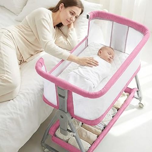Baby Bassinet Bedside Sleeper with Wheels, 3-in-1 Portable Bedside Crib for Baby Girl, Adjustable Height Co-Sleeper with Breathable Mesh & Mattress, Easy Assembly, Pink