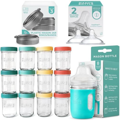 Complete Baby Glass Bottle & Breastmilk Storage Kit | 8oz Mason Jars w/Lid + Slow & Medium Flow Nipples (0-6 Months) + Plastic Mason Jar Rings & Caps + Silicone Sleeves