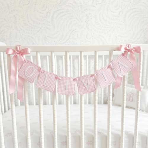 Custom Embroidered Gingham Name Banner, Personalized Nursery Garland, Baby Shower Gift, Cake Smash Decor