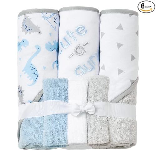 Viviland Baby Towels and Baby Wash Cloths Set Hooded Baby Towels Baby Wipes Absorbent Bath Face Towels Burp Cloths or Face Towels for Girl Boy 6-Pack Size 28 x 28 Inch(Dinosaur)