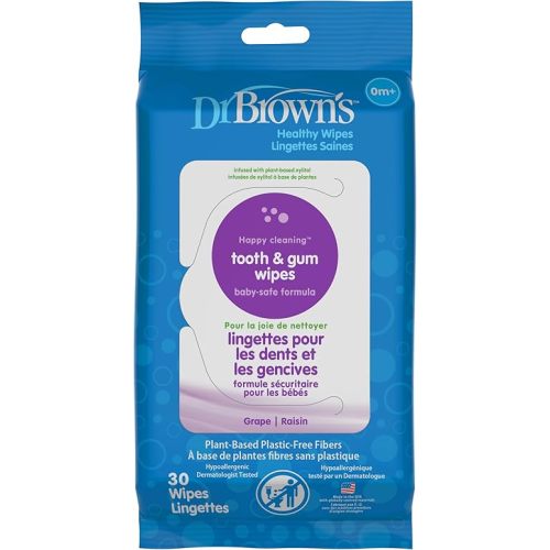 Dr. Brown's Tooth and Gum Healthy Wipes, Fluoride-Free Oral Care for Babies, Grape Flavor, 30 count, 1-Pack (Packaging May Vary)