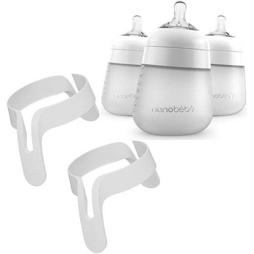 Nanobebe Flexy Silicone Baby Bottle 3-Pack White 9oz Bundled with Flexy Bottle Handles 2 Pack in White