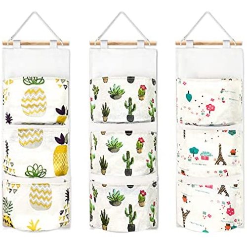 3 Pack Wall Hanging Storage Bag, DILIBRA Over The Door Closet Hanging Organizer with 3 Pockets, Waterproof Linen Fabric Hanging Pocket for Room Bathroom Bedroom (Tower+Plant+Fruit)