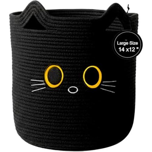 Nursery Storage Basket, 25L Large Woven Cotton Rope Baby Bin, Black Cat Design, Cutout Handles, Foldable, Washable, & Baby-Safe Organization for Kids Toy, Stuffed Animals, Laundry Hamper (Black Cat)