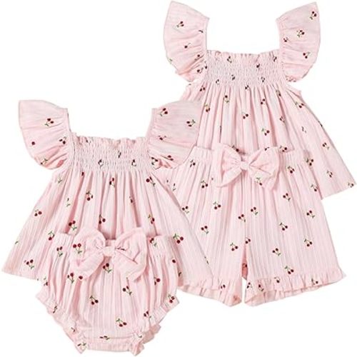 Sister Matching Outfits Toddler Baby Girl Summer Clothes Ruffle Tops with Bow Bloomers Shorts Set