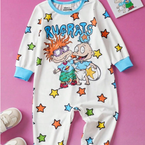 Nick 90s | SHEIN Baby Boy Cartoon Cute Cartoon Figure Graphic & Colorful Star Print Blue & White Contrast Long Sleeve Jumpsuit, Suitable For Autumn/Winter Fall | SHEIN USA