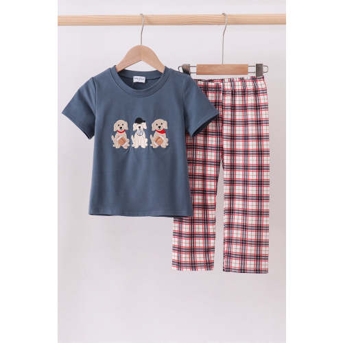 Navy puppy football applique pants set
