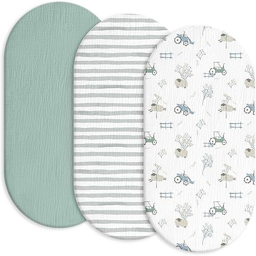 Gllquen Baby Muslin Bassinet Sheets 3 Pack, Breathable Elastic Cozy Fitted Cotton Bassinet Mattress Sheet for Baby Boy Girls, Fit for Hourglass Oval Rectangular Cradle Pad Sheets 33"x17" (Car)