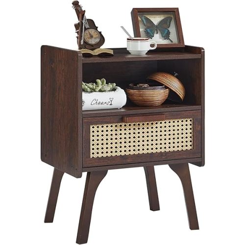 Lerliuo Rattan Nightstand, Bedside Table with Drawer Open Shelf, Cane Accent Side End Table with Solid Wood Legs, Walnut Vintage Night Stand for Bedroom, Dorm and Small Spaces