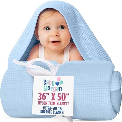 Blankets Thermal Waffle Baby Blanket Crib Bedding - Soft Cozy Warm Infant Thermal Cover for Nursery Stroller or Bassinet, Lightweight Ideal Shower Gift, Nylon Trim Blue 36" x 50"