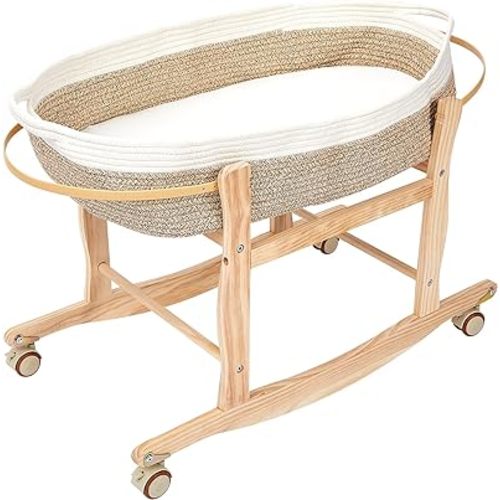 Pinkunn Moses Basket Stand Rocking Moses Basket Rocker Stand Adjustable Wooden Bassinet Stand with Wheels for Newborn, Basket is Not Included(Wood Color, 31.5 x 15.75 x 18.9 Inch)
