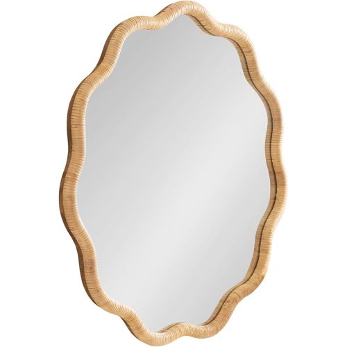 Kate and Laurel Rahfy Boho Scalloped Round Rattan Mirror, 32 Inch Diameter, Natural Wood, Decorative Round Wavy Mirror with Authentic Rattan Frame for Boho Wall Decor