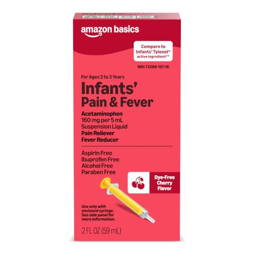 Amazon Basics Infants' Pain & Fever, Acetaminophen 160 mg per 5 mL, Suspension Liquid, Dye-Free Cherry Flavor, 2 fl oz (Pack of 1) (Previously Care)