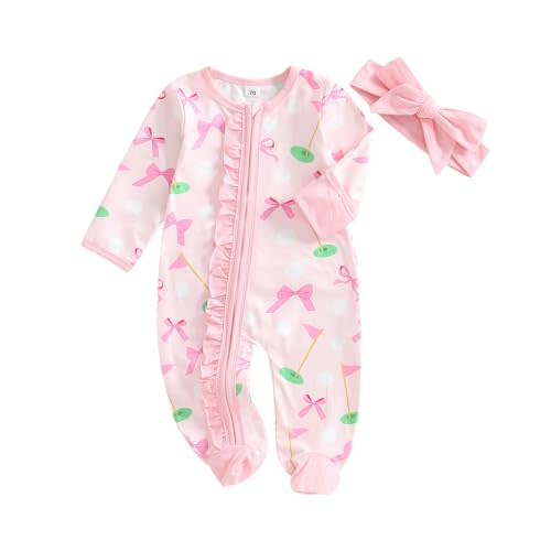 Ysfanwuxi Newborn Baby Girl Golf Outfit Bow Golf Romper Long Sleeve Footed Zipper Jumpsuit Infant Fall One Piece Clothes