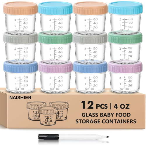 NAISHIER 12 Pack Glass Food Storage Containers - 4 Oz Food Jars with Lids Food Maker Microwave Dishwasher Freezer Safe, Reusable