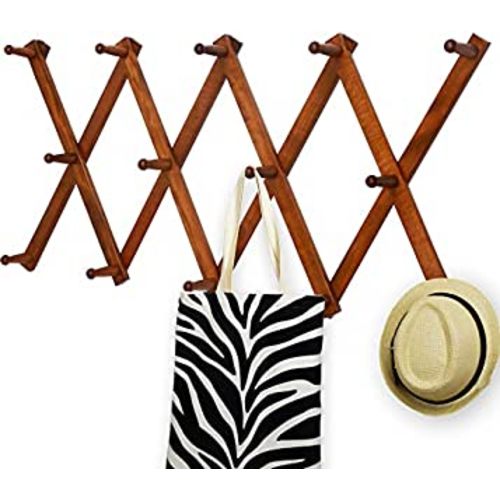 WEBI Accordion Wall Hanger,Expandable Wooden Hat Rack for Wall Mounted Coat Rack,Accordion Hat Hooks Holder for Baseball Caps,14 Peg Hooks,Rustic Brown
