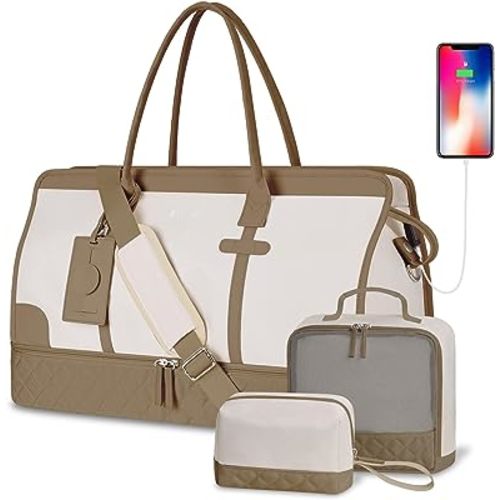 ETRONIK Weekender Overnight Bag for Women, Large Travel Duffle Bag with Shoe Compartment & Wet Pocket, Carry On Tote Bag Gym Duffel Bag with Toiletry Bag, 4 Pcs Set, Large Size, Khaki