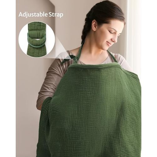 Blissful Diary Muslin Nursing Cover for Breastfeeding, Breathable Breastfeeding Cover up with Arch Neckline for Women, Nursing Apron (Dark Green)