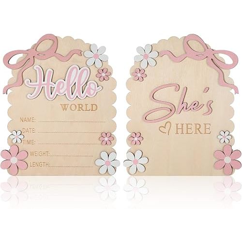 Baby Announcement Sign, Wooden Hello World Newborn Welcome Sign