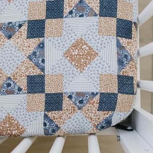 Patchwork Print Muslin Crib Sheet by Mebie Baby, Soft and Breathable Bed Sheets for Babies, Modern Neutral Bedding for Cribs, Standard Crib Mattress Fitted Sheet, Great for Boy or Girl Room
