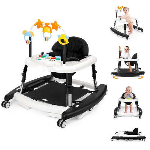 5-in-1 Baby Walker for Boys Girls, Foldable Activity Walker with 5 Adjustable Heights, Removable Seat Cushion & Music Toy Tray, Anti-Fall Safety Infant Walker with Wheels for 6-18 Months, Black