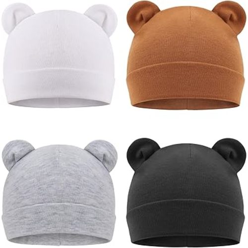 DRESHOW BQUBO 4 Pieces Baby Beanie Newborn Toddler Cute Bear Ears Knit Hat Hospital Hats for Baby Boys Girls