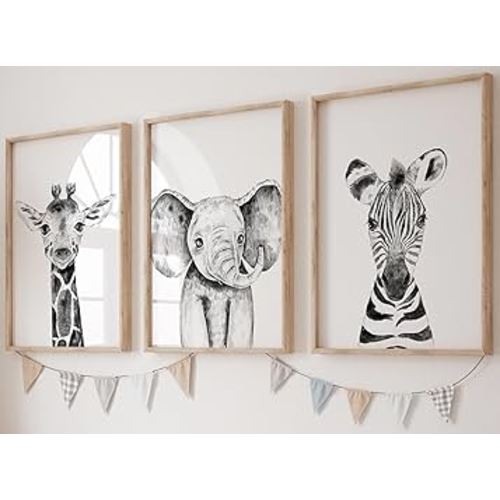 Safari Animals Baby Girl or Boy Set of 3 Nursery Unframed Prints, Bedroom Decor Wall Art Posters, Elephant Giraffe Zebra, Black and White Style Prints (8x10)