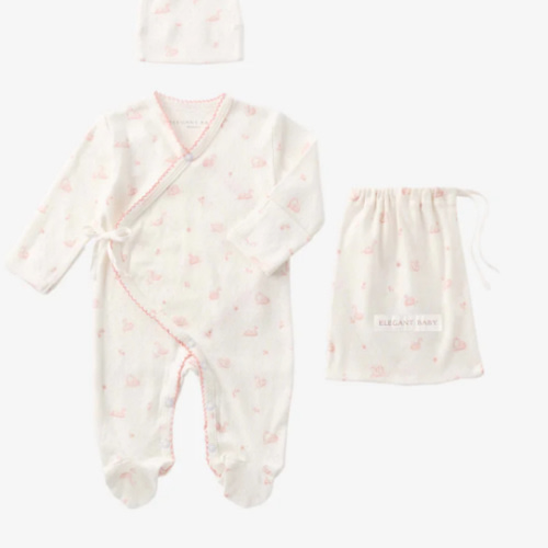 Pink Swan Print Organic Cotton Pointelle Layette 2 Pc Gift Set