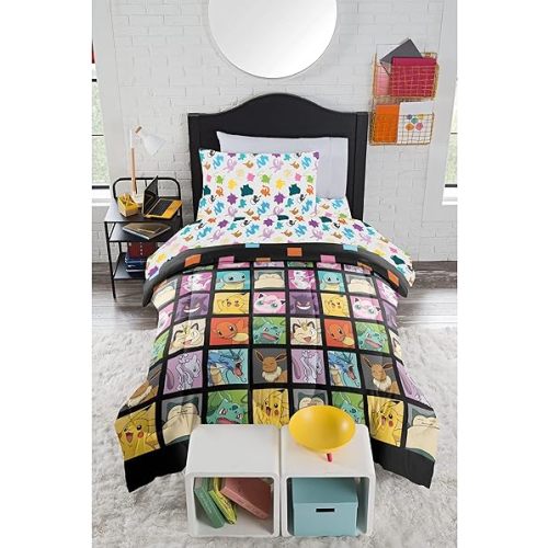 Northwest Pokemon Twin Sized Bed in a Bag Set, Pikachu Eevee Charmander Squirtle, Anime Bedding, Kanto Favorites
