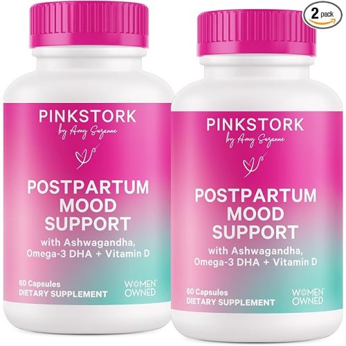 Pink Stork Postpartum Mood Support - Postnatal Hormone Balance for Moms - Breastfeeding Friendly - Stress & Cognitive Support, Postpartum Essentials - Ashwagandha, Chamomile, & Vitamin D, 120 Capsules