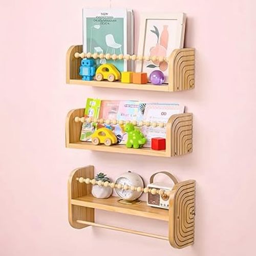 SAG's store Floating Nursery Shelves - Set of 3 Natural Wood Wall-Mounted Bookshelves for Kids Room, Baby Room, Nursery Decor - 15.7" Wide, Solid Wood Shelves for Books, Toys, and Decor Storage
