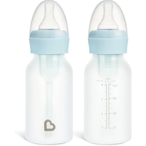 Munchkin Bond Silicone Coated Glass Baby Bottles - Anti-Colic Feeding System with Natural Feel Nipples, 4 Ounce, 2 Pack, Blue