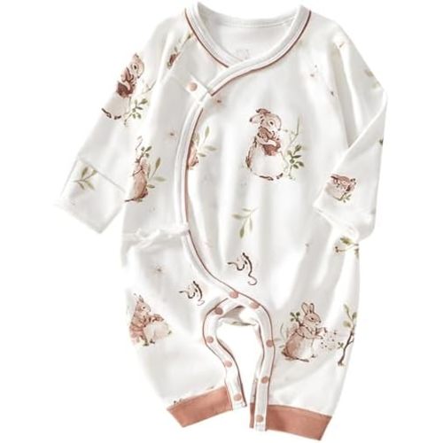 BINIDUCKLING Newborn Kimono Side Snap & Tie Wrap Over Long Sleeve Romper with Mitten Cuffs