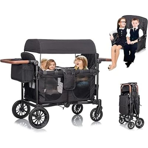Wagon Stroller for 4 Seater High View for 4 Kids, Foldable Push Pull All Terrain Stroller for Toddlers with 5-Point Harness,Snack Tray,Storage,Mom Bag,Perfect for Camping Beach Shopping Travel